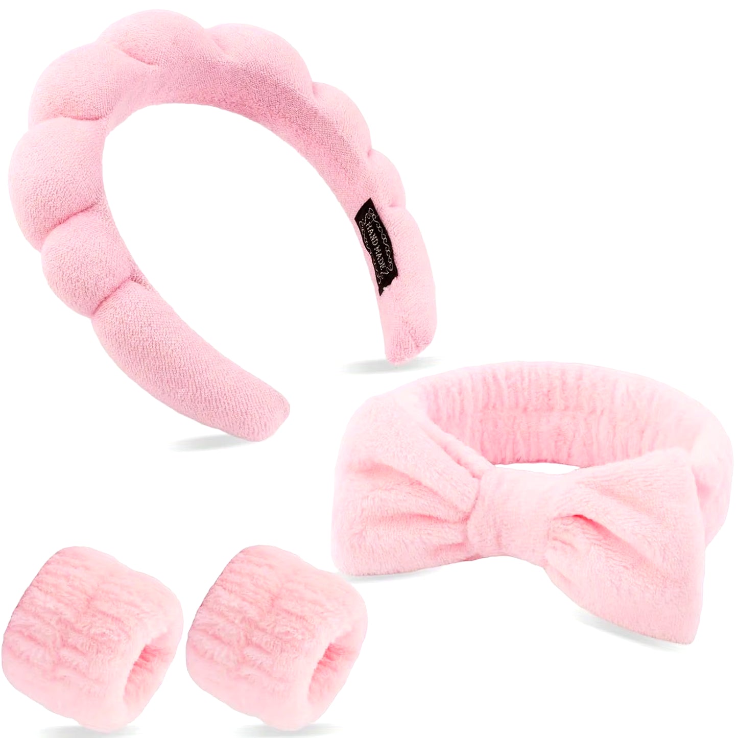 4-Piece Spa Headband and Wristband Set, Knitted Design, Suitable for Face Washing, Makeup, Showering and Skin Care