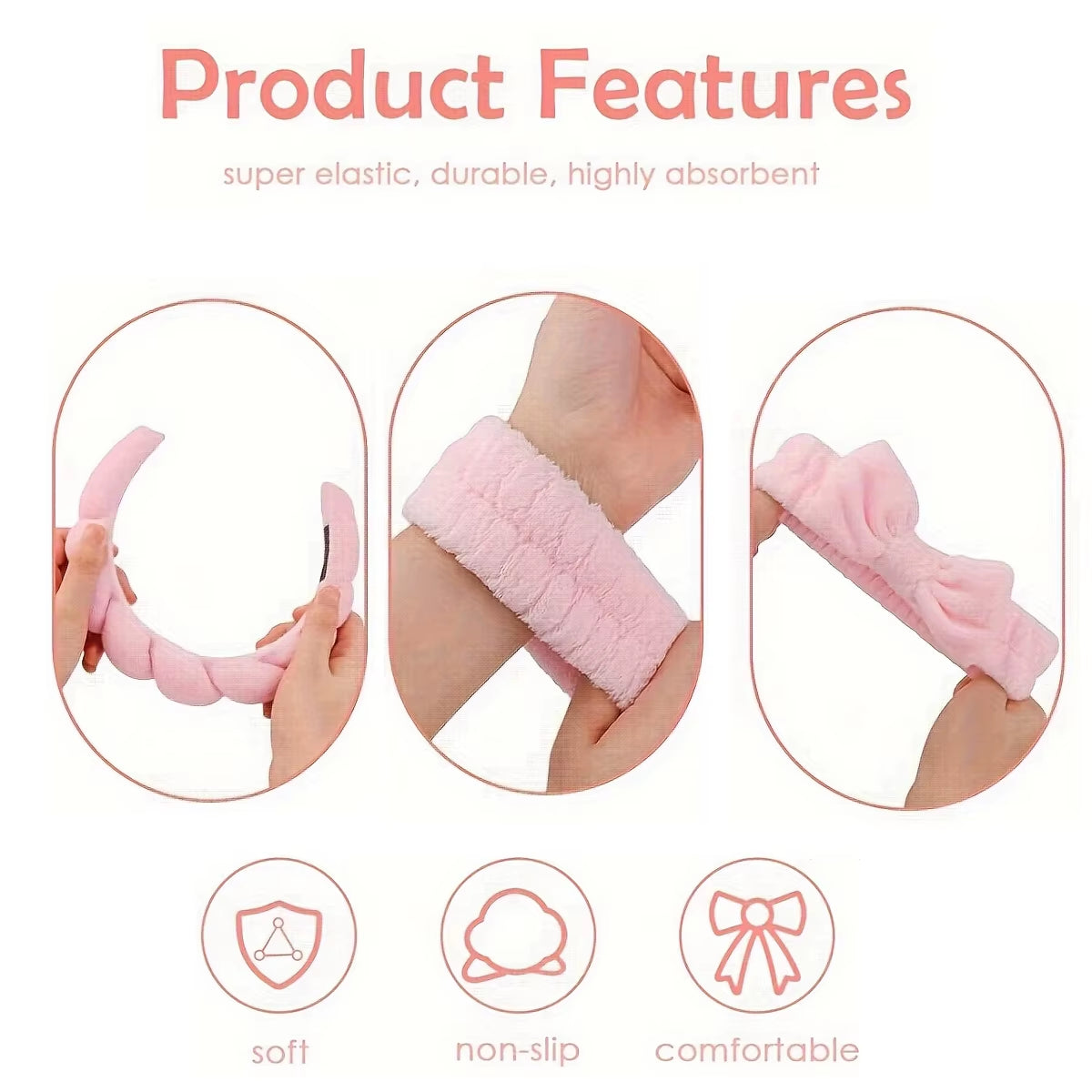 4-Piece Spa Headband and Wristband Set, Knitted Design, Suitable for Face Washing, Makeup, Showering and Skin Care