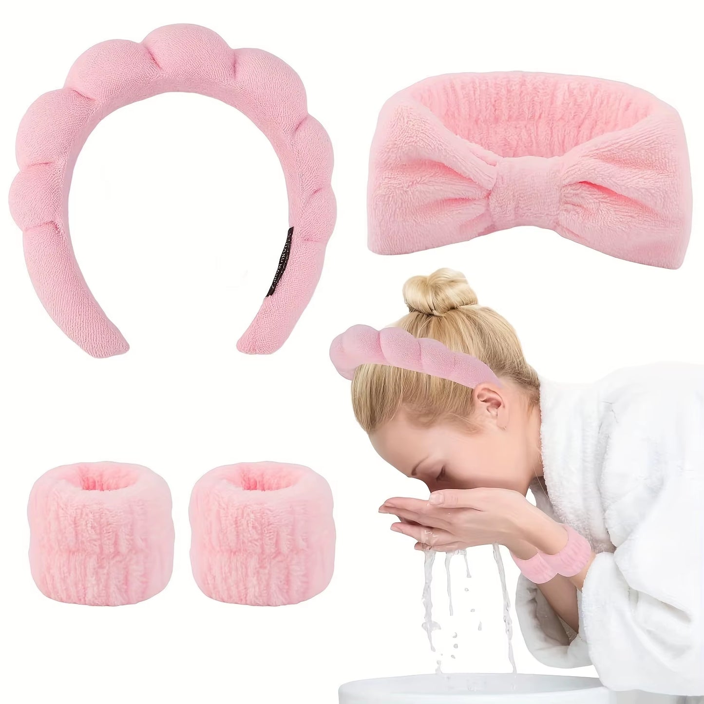 4-Piece Spa Headband and Wristband Set, Knitted Design, Suitable for Face Washing, Makeup, Showering and Skin Care