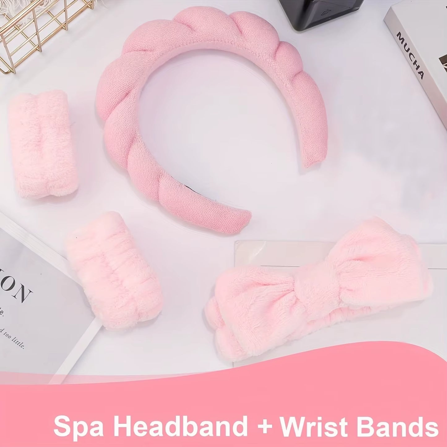 4-Piece Spa Headband and Wristband Set, Knitted Design, Suitable for Face Washing, Makeup, Showering and Skin Care