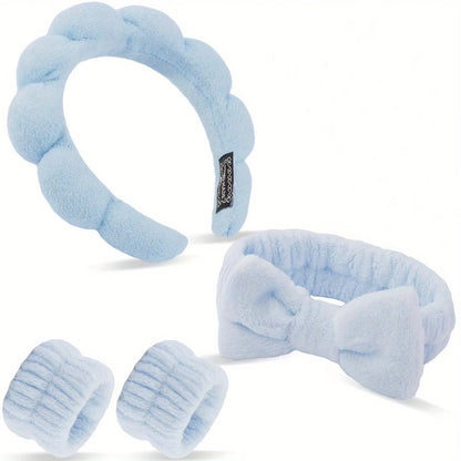 4-Piece Spa Headband and Wristband Set, Knitted Design, Suitable for Face Washing, Makeup, Showering and Skin Care