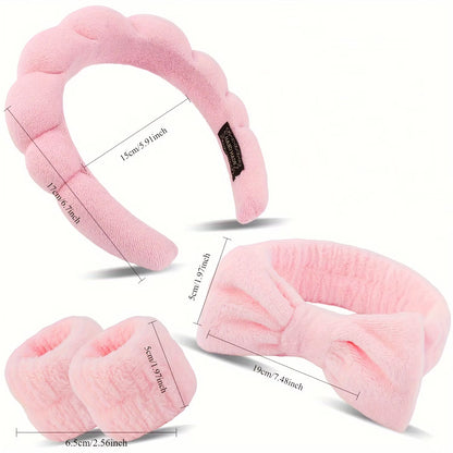 4-Piece Spa Headband and Wristband Set, Knitted Design, Suitable for Face Washing, Makeup, Showering and Skin Care